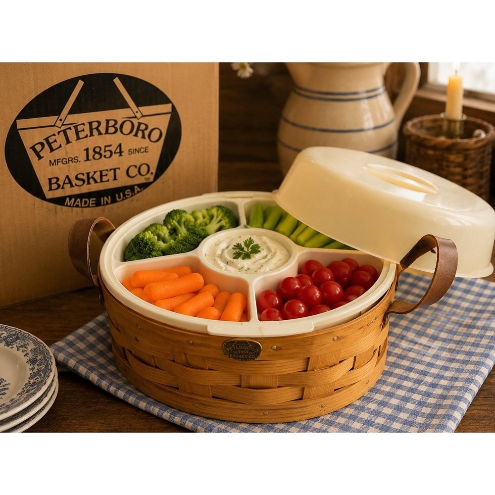 Peterboro Basket Serving Relish Tray Divided Picnic Carrier Farmhouse Wood Large